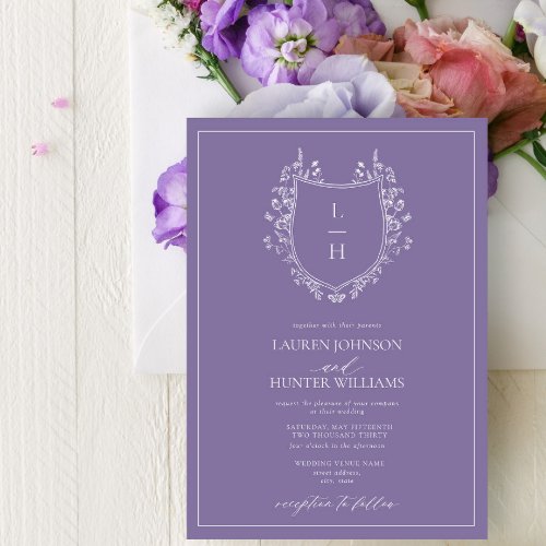 Classic Lavender Wildflower Monogram Crest Wedding Invitation