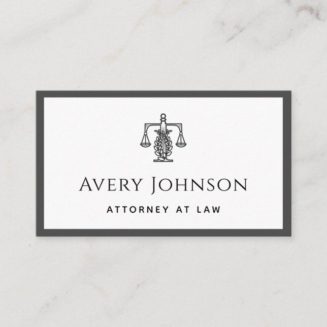 Classic Law Lawyer Scales Logo Gray & White Bold Business Card (Front)