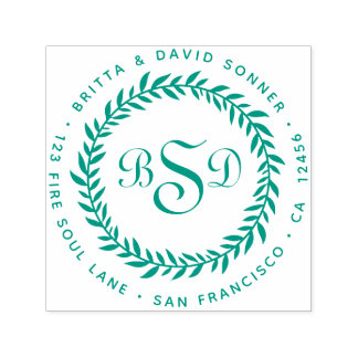 Classic Leaf V Wreath 3 Monograms - Return Address Self-inking Stamp