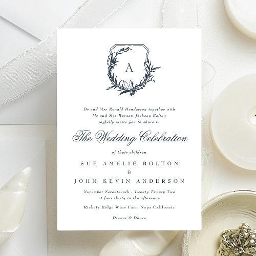 classic leafy crest wedding navy blue monogram invitation