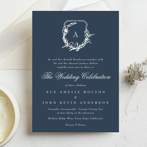 classic leafy navy blue crest wedding monogram invitation