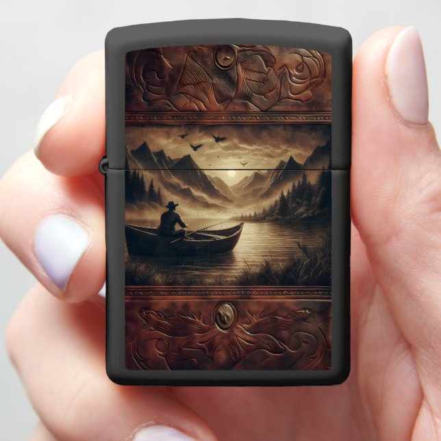 Classic Leather Angler Lake Artwork Zippo Lighter (In Hand)
