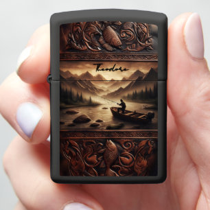 Classic Leather Angler Silhouette Artwork Zippo Lighter