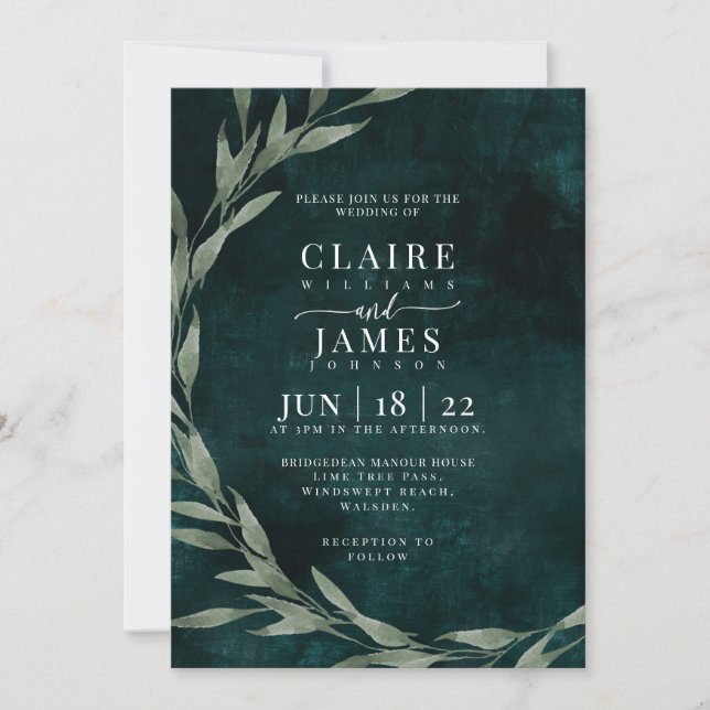 Classic Leaves dreamy drama EMERALD GREEN, Invitation (Front)