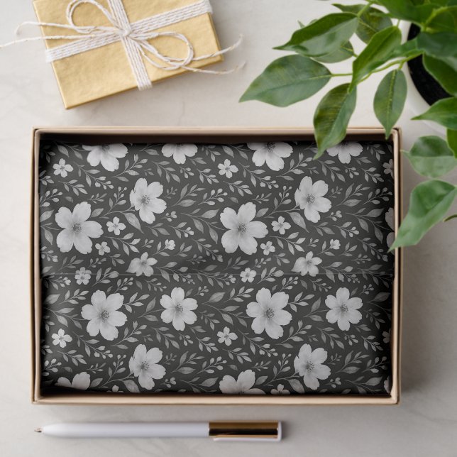 Classic Leaves Floral Art Pattern On Gray Black Tissue Paper (Gift)