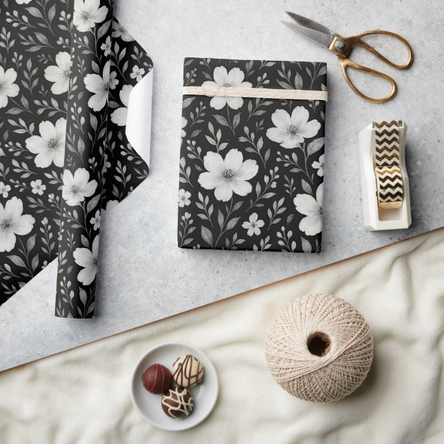 Classic Leaves Floral Art Pattern On Gray Black Wrapping Paper (Crafts)