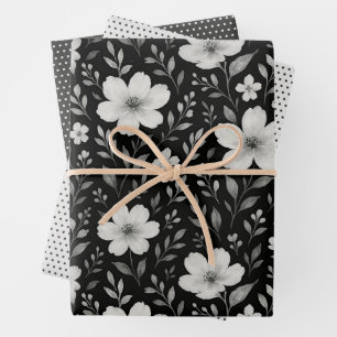 Classic Leaves Floral Art Pattern On Gray Black Wrapping Paper Sheets