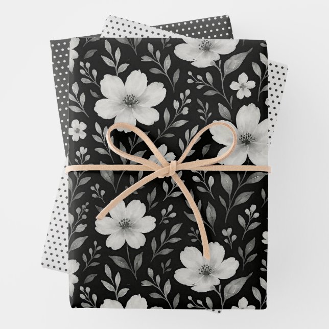 Classic Leaves Floral Art Pattern On Gray Black Wrapping Paper Sheets (In situ)