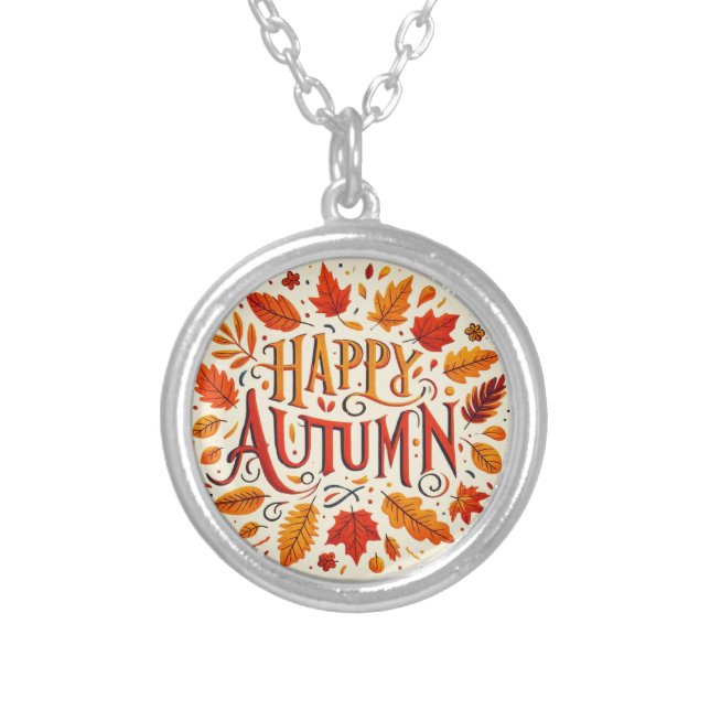 classic leaves & Happy Autumn  Silver Plated Necklace (Front)