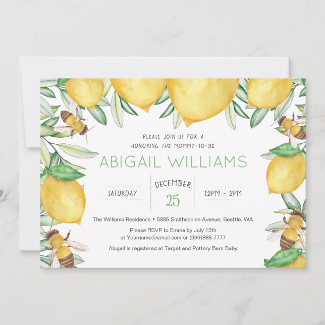 Classic Lemon Bee Watercolor Greenery Baby Shower Invitation (Front)
