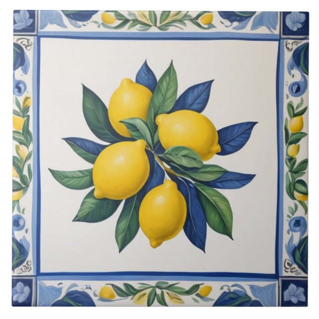 Classic Lemons Blue Green Yellow White Traditional Ceramic Tile (Front)