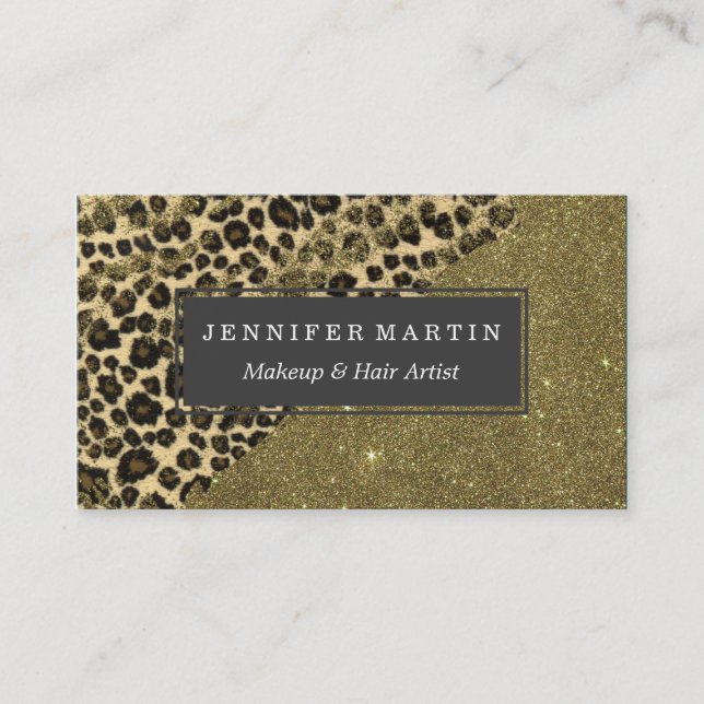 Classic Leopard Print Brushstrokes on Faux Glitter Business Card (Front)