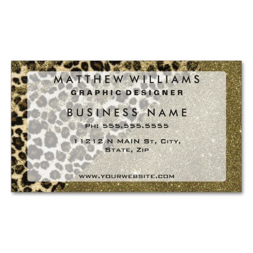 Classic Leopard Print Brushstrokes on Faux Glitter Business Card Magnet