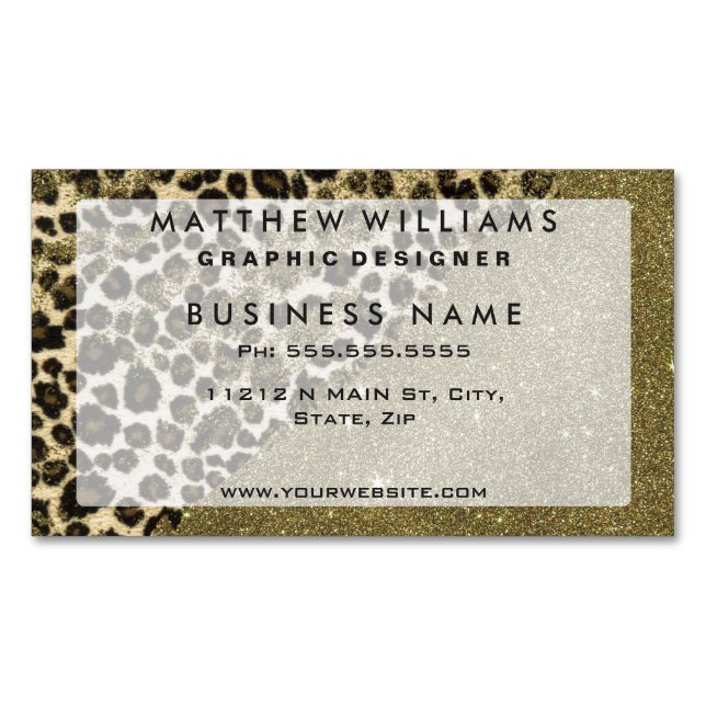 Classic Leopard Print Brushstrokes on Faux Glitter Business Card Magnet (Front)