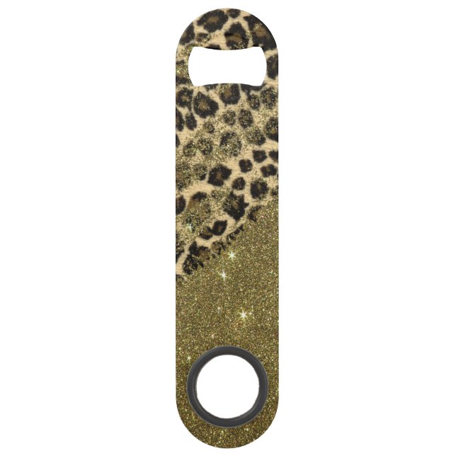 Classic Leopard Print Brushstrokes on Faux Glitter Speed Bottle Opener (Front)
