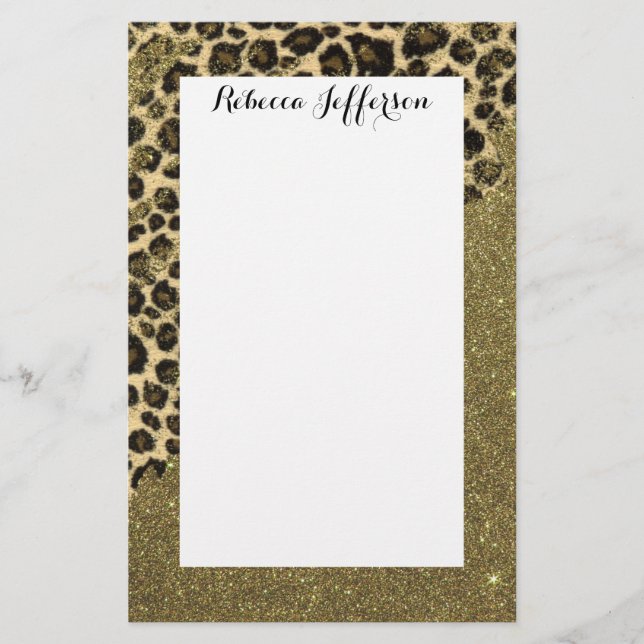 Classic Leopard Print Brushstrokes on Faux Glitter Stationery (Front)