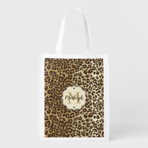 Classic Leopard Print Custom Monogram Name Grocery Bag