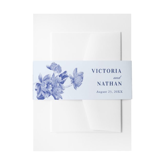  Classic Light Blue Chinoiserie Floral Wedding  Invitation Belly Band (Front Example)