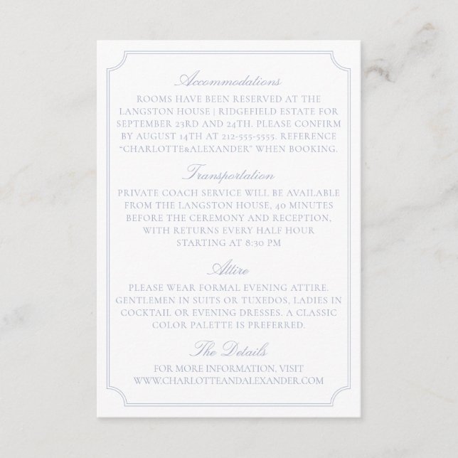 Classic Light Blue Fruit Bowl Wedding Details Card (Front)