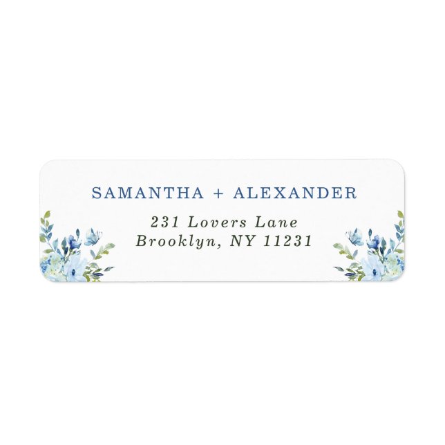 Classic Light Blue Navy Floral Foliage Watercolor Label (Front)