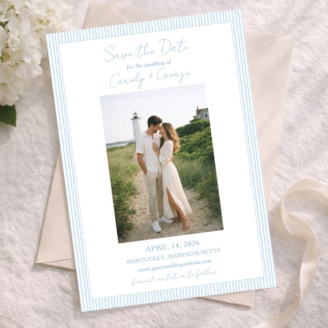 Classic Light Blue Striped Summer Coastal Wedding Save The Date (Creator Uploaded)