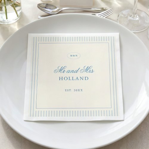 Classic Light Blue Stripes Mr and Mrs Wedding Napkins