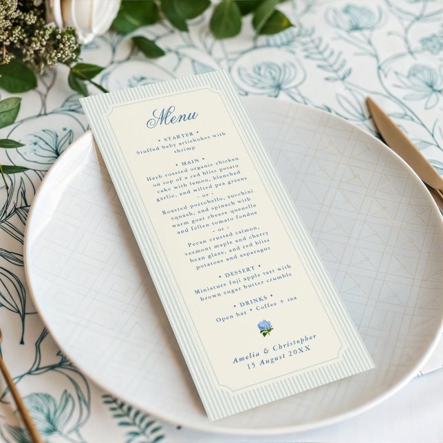 Classic Light Blue Stripes Tiny Hydrangea Wedding Menu (classic blue pinstripes wedding menu)