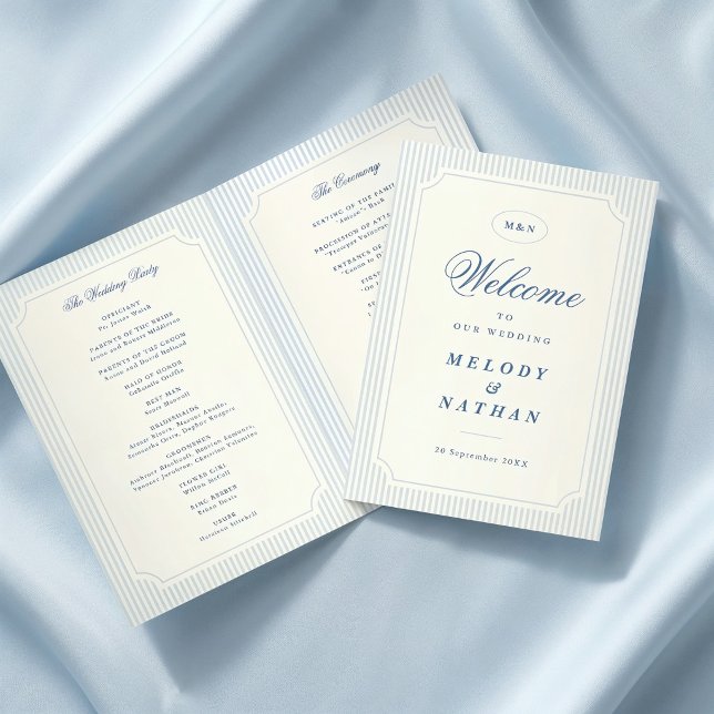 Classic Light Blue Stripes Wedding Folded Paper Program (classic light blue stripes folded wedding paper program)