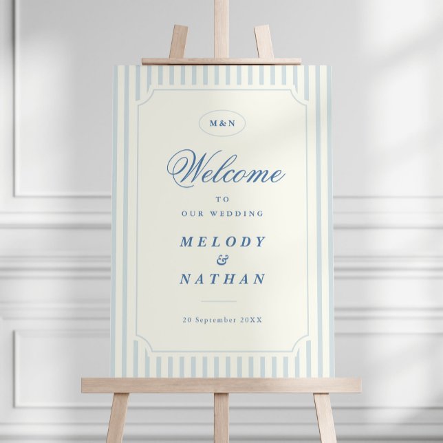 Classic Light Blue Stripes Wedding Welcome Sign (classic wedding welcome sign with elegant typography and light blue pinstripes)