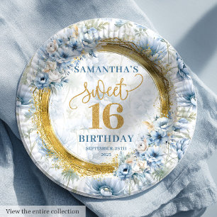 Classic Light Blue Sweet Sixteen Gold Glitter Paper Plates