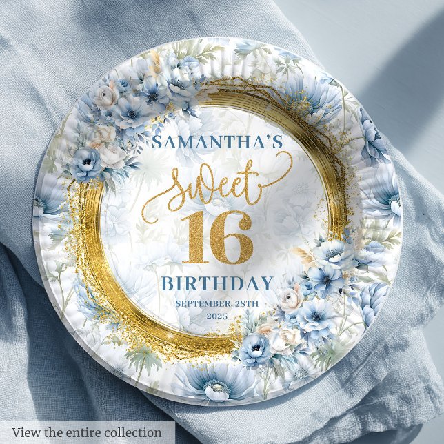 Classic Light Blue Sweet Sixteen Gold Glitter  Paper Plates (Classic Light Blue Sweet Sixteen Gold Glitter Paper Plates)