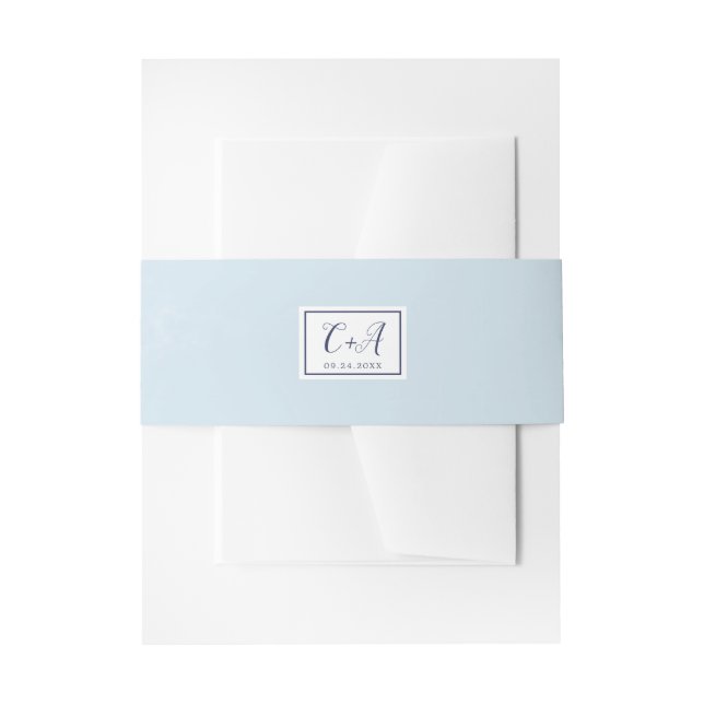 Classic Light Blue Watercolor Monogram Wedding Invitation Belly Band (Front Example)