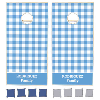 Classic Light Blue White Buffalo Check Custom Name Cornhole Set