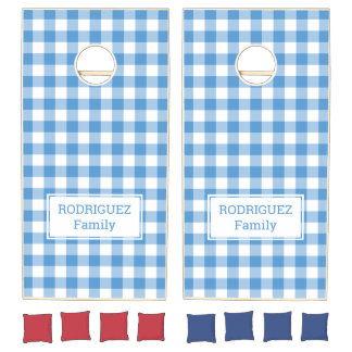 Classic Light Blue White Buffalo Check Family Name Cornhole Set
