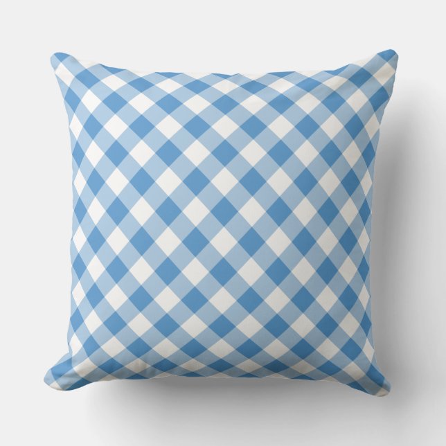 Classic Light Blue & White Diagonal Gingham Plaid Throw Pillow (Front)