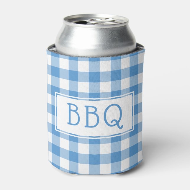 Classic Light Blue White Gingham Pattern BBQ Party Can Cooler (Can Front)