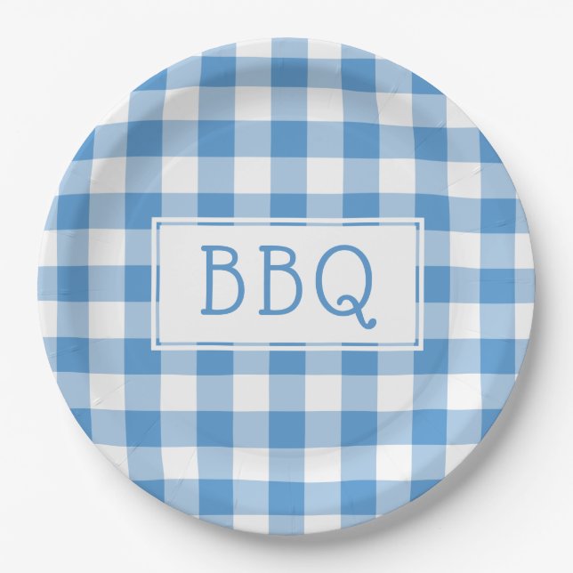 Classic Light Blue White Gingham Pattern BBQ Party Paper Plates (Front)
