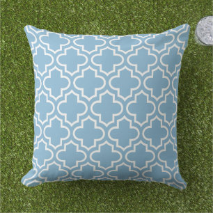 Classic Light Blue White Quatrefoil Trellis Outdoor Pillow
