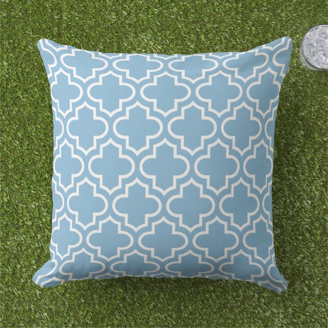 Classic Light Blue White Quatrefoil Trellis Outdoor Pillow (Grass)