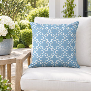 Classic Light Blue White Quatrefoil Trellis Outdoor Pillow
