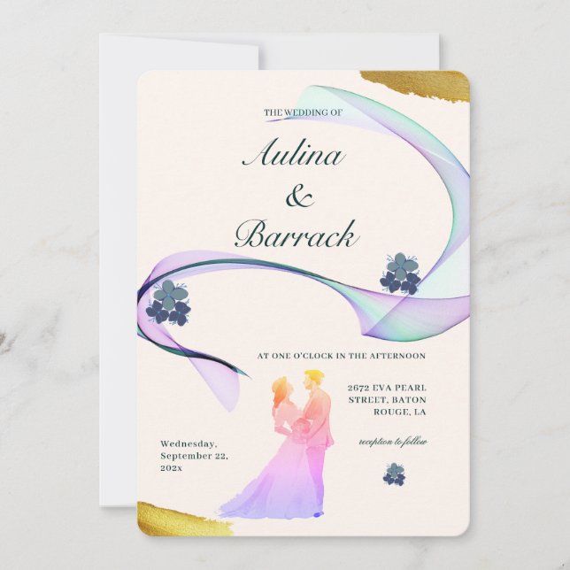 Classic Light Golden Purple Couple Figure Wedding Invitation (Front)