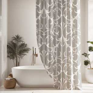 Classic Light Gray & White Damask Floral Shower Curtain