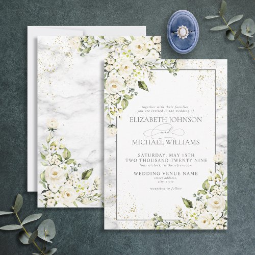 Classic Light Gray White Floral Gold Marble Weddin Invitation