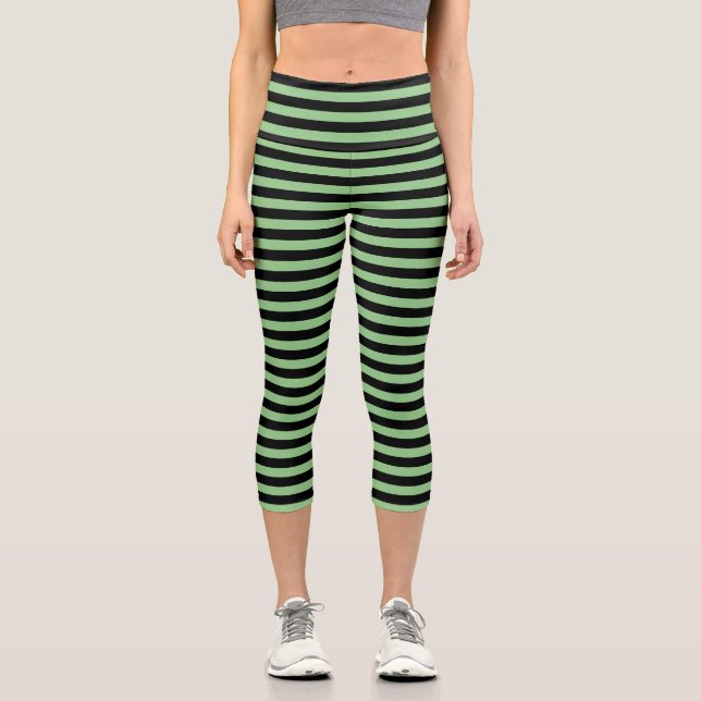 Classic Light Green and Black Striped  Capri Leggings (Front)
