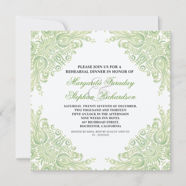 classic light green damask rehearsal dinner invite (Front)