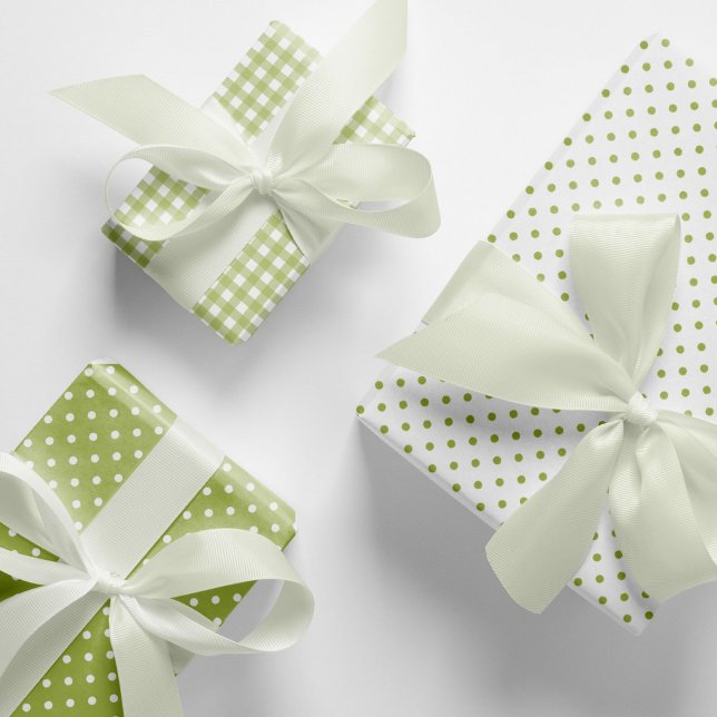 Classic Light Green Polka Dots Gingham Pattern Mix Wrapping Paper Sheets (Elegant, light green polka dots and gingham checks pattern mix and match wrapping paper sheets.)