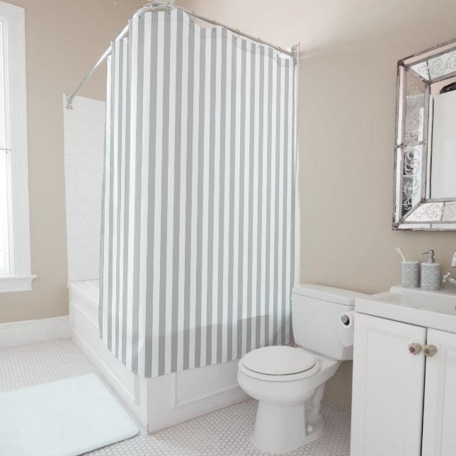 Classic Light Grey and White Stripes Shower Curtain (In Situ)