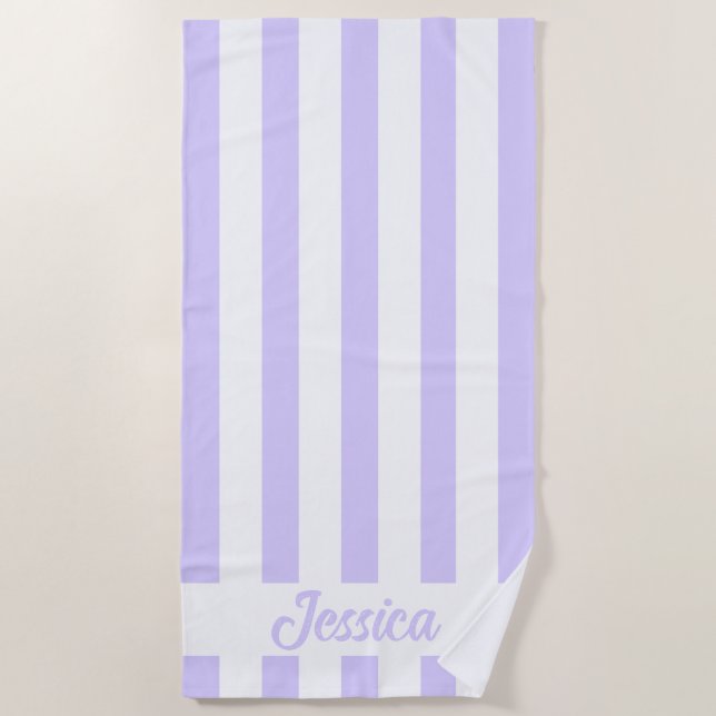 Classic Light Lavender and White Cabana Strip  Beach Towel (Front)
