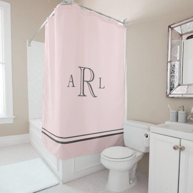 Classic Light Pink And Gray Three Letter Monogram Shower Curtain (In Situ)