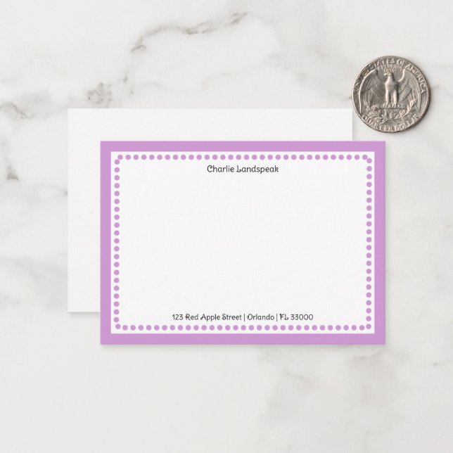 Classic Light Purple Border & Dots Monogrammed  Note Card (Front/Back In Situ)